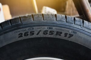 A photo of a Tire Size and Specification on the Sidewall of the Car Tire