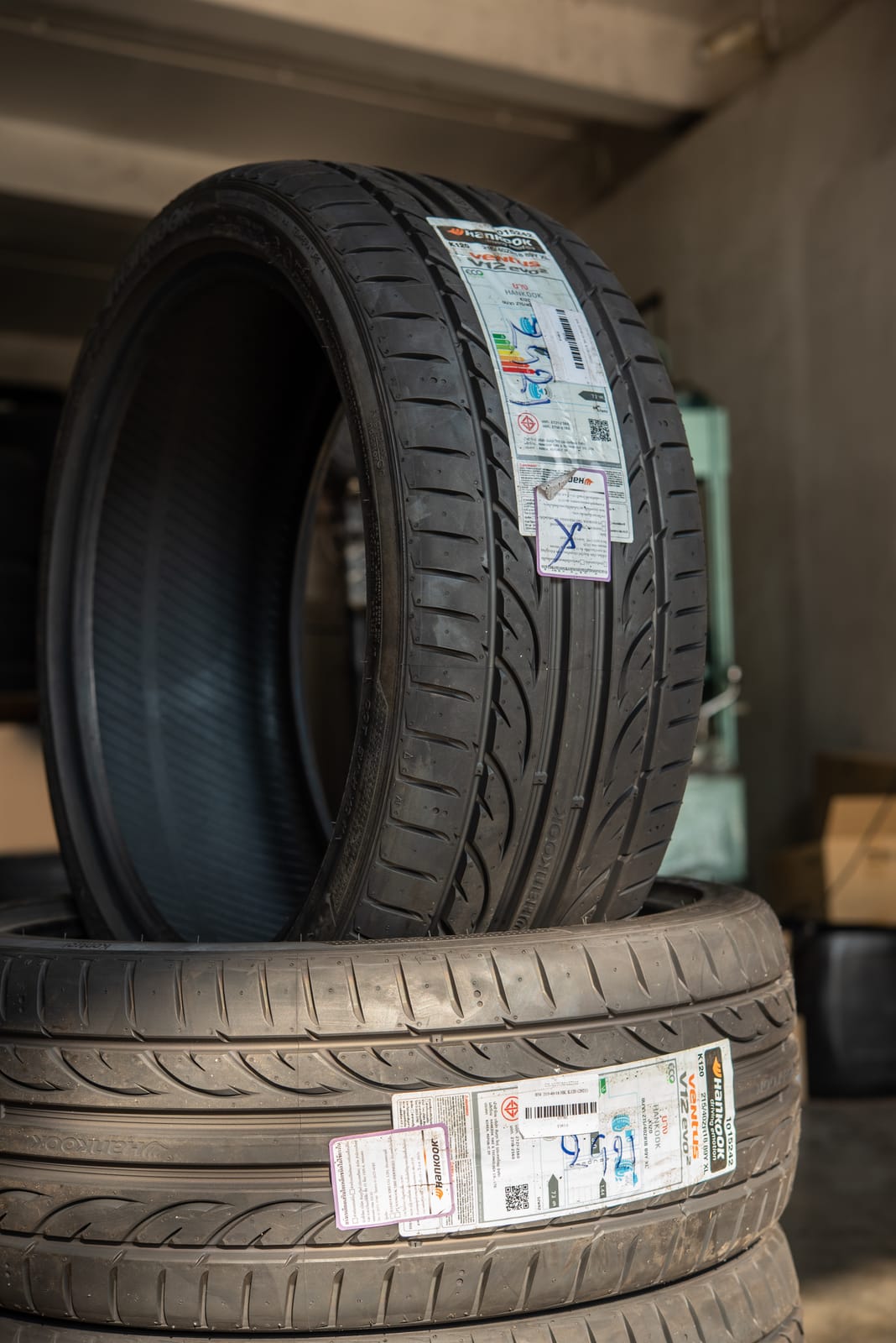 New Hankook tires stacked at America 1st Automotive, Stafford VA