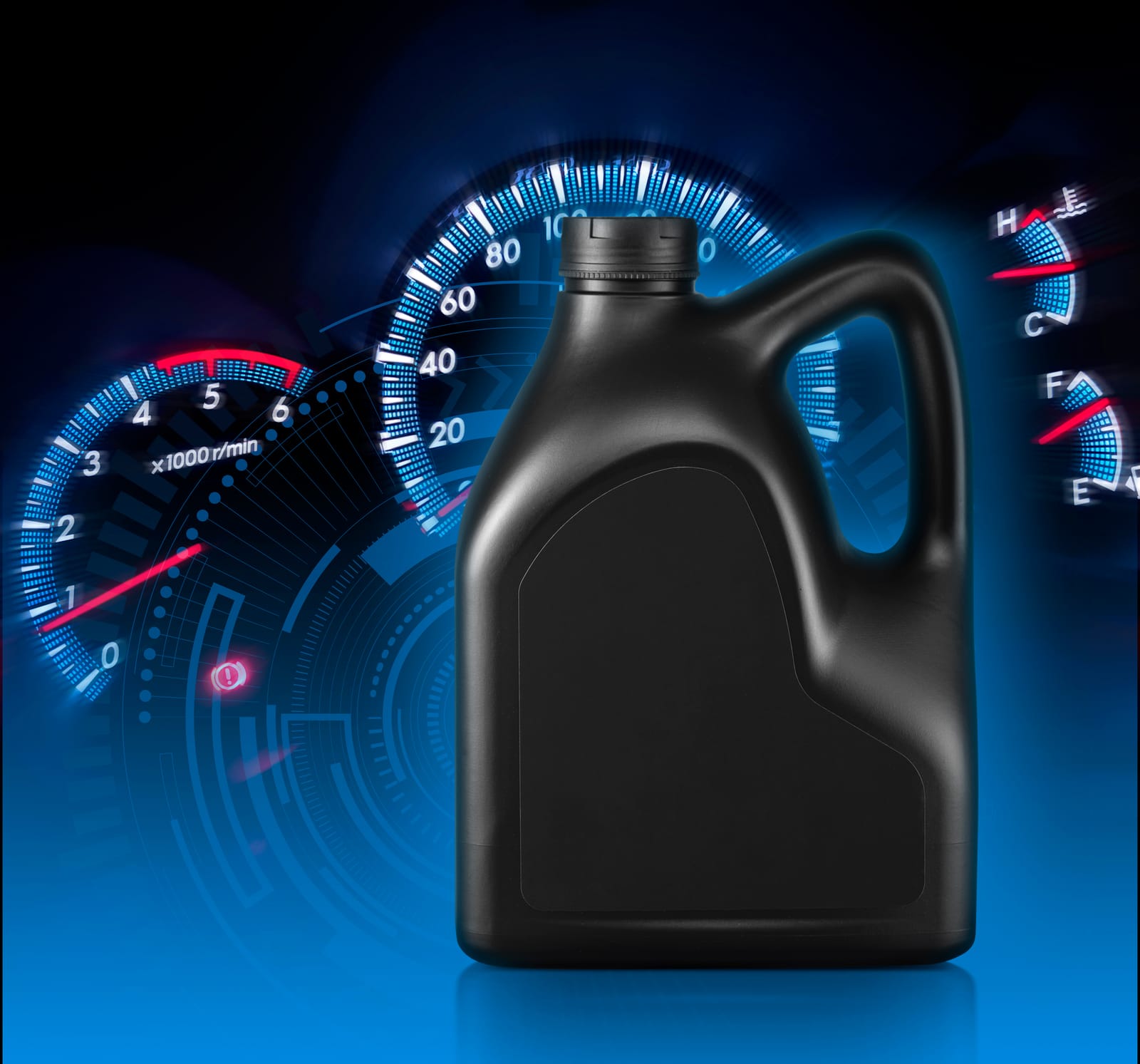 A Bottle of Engine Oil with Vehicle Gauges in the Background