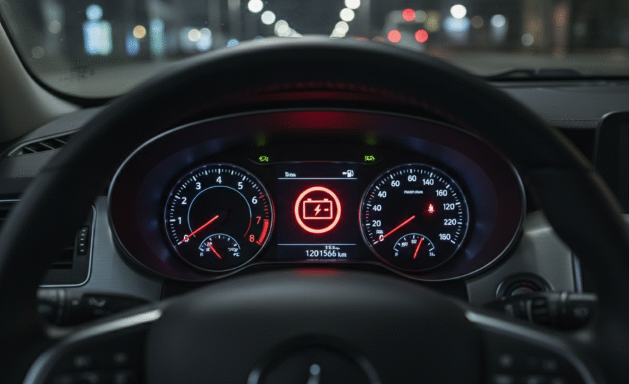 An automotive dashboard with illuminated battery warning symbol