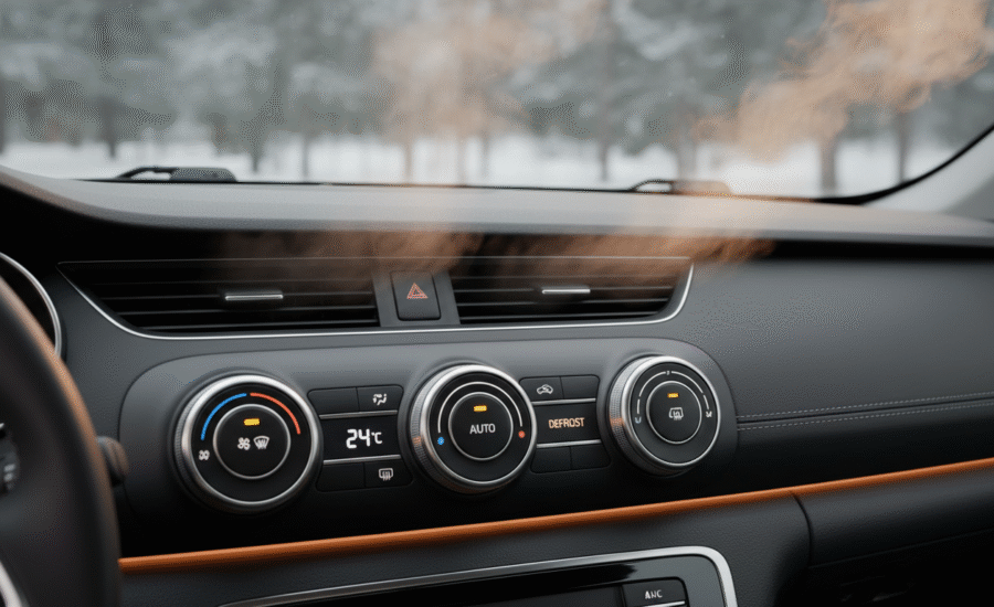 Car heating system controls and defrost vent producing warm air