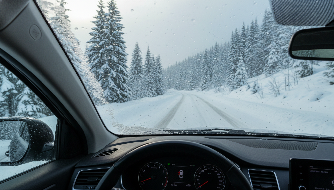 A car driving on a snowy road with a clear windshield