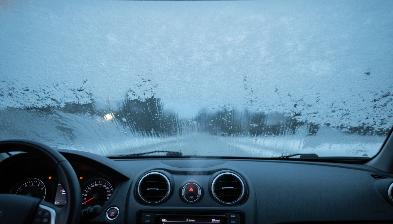 A cars defrost working overtime to keep a windshield clear