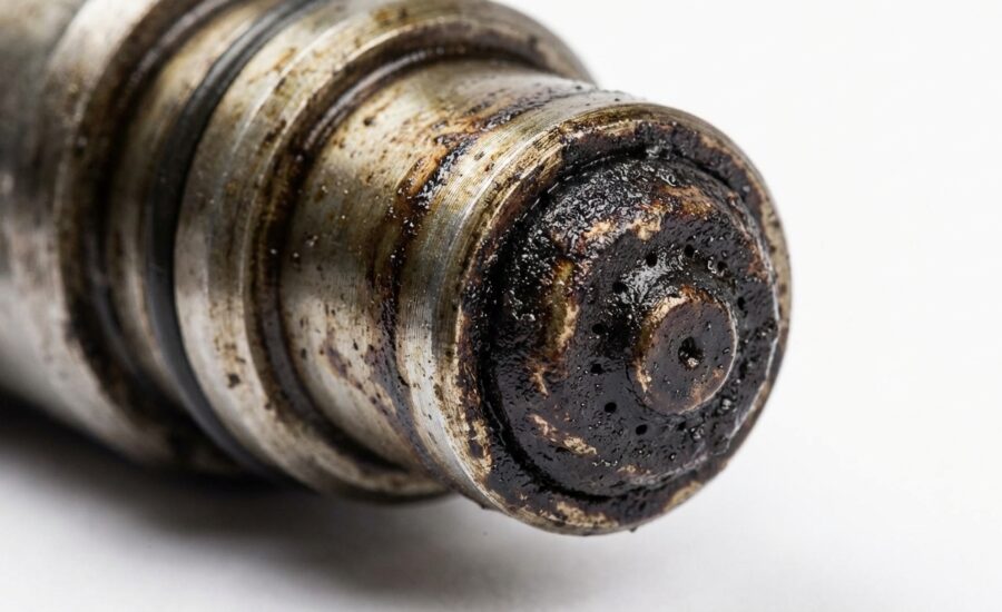 Close-up of a clogged fuel injector with visible carbon buildup