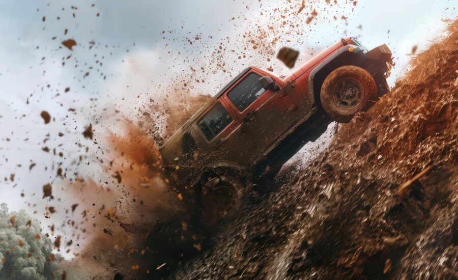 A Jeep is driving through a muddy, rocky terrain