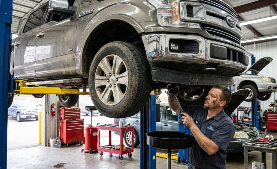 Oil filter being changed on an F-150 Truck
