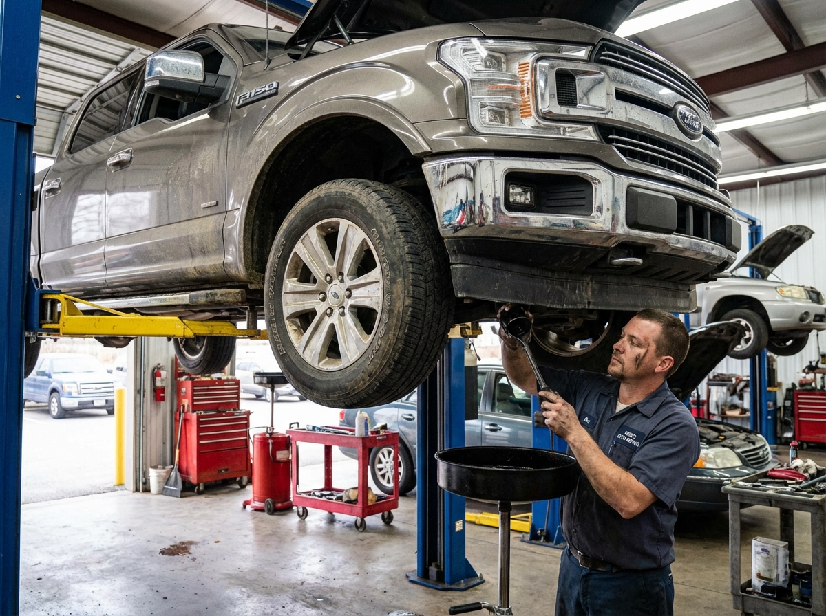 Oil filter being changed on an F-150 Truck
