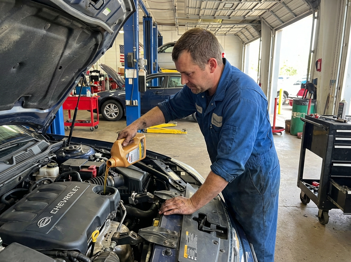 A Serivce Technician Pouring OIl Into A Automotive Engine