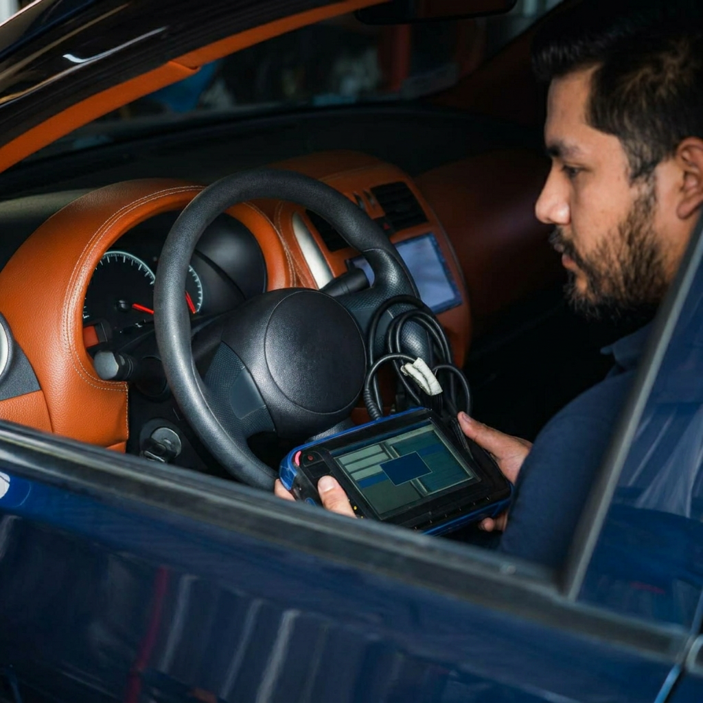 Checking a car engine OBD for repair at car garage