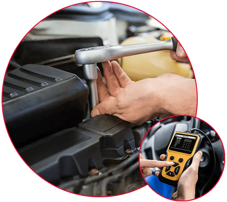About Us Images - a Mechanic Working on an Engine, and Using an Obd2 Scan Tool About Us images - A mechanic working on an engine, and using an OBD2 Scan Tool