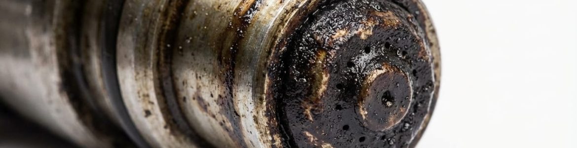 Close-up of a clogged fuel injector with visible carbon buildup