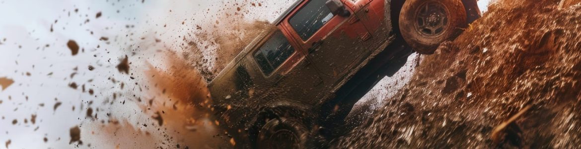 A Jeep is driving through a muddy, rocky terrain