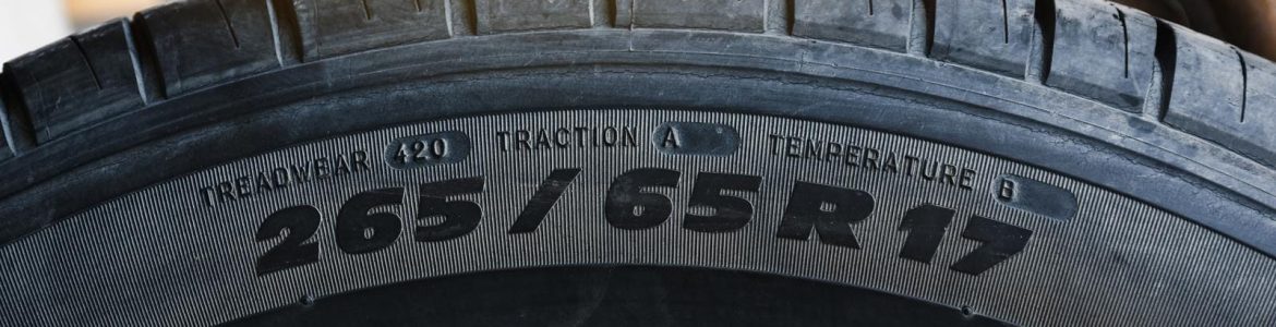 A photo of a Tire Size and Specification on the Sidewall of the Car Tire