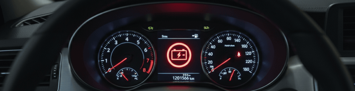 An automotive dashboard with illuminated battery warning symbol