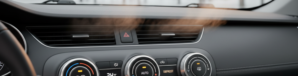 Car heating system controls and defrost vent producing warm air